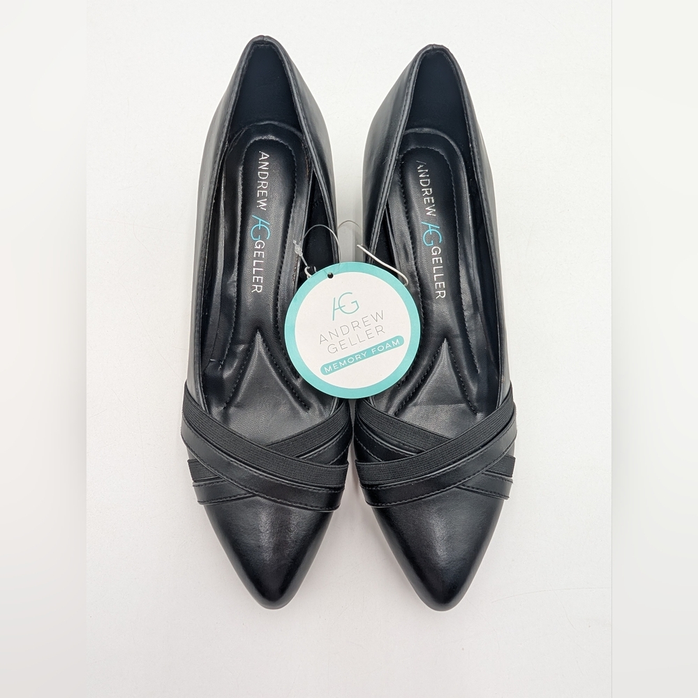 NWT Andrew Geller Olena 8.5W Block Heel Black Criss-Cross Vamp Cushioned Sole - Picture 11 of 17